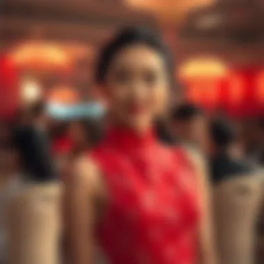 Elegance at a Formal Event in Mandarin Collar Gown A model elegantly wearing a mandarin collar gown at a formal event