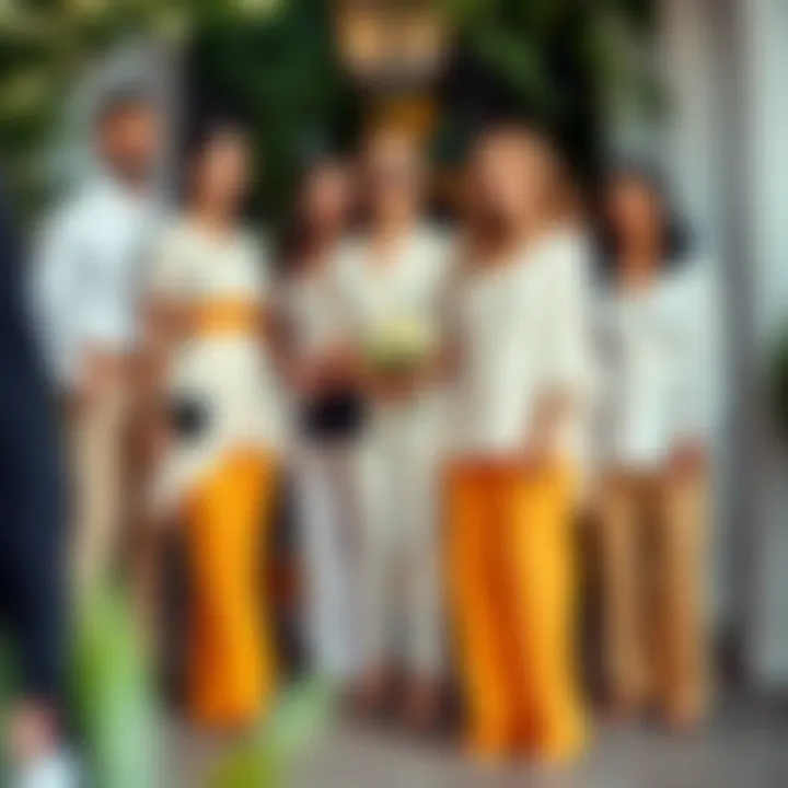 Chic Wedding Guests in Tunics and Pants Group of guests in elegant tunic and pant outfits at a wedding