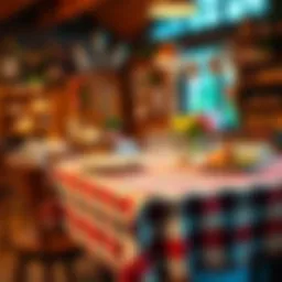 A rustic wooden table adorned with a colorful checkered tablecloth, showcasing a warm and inviting dining atmosphere.