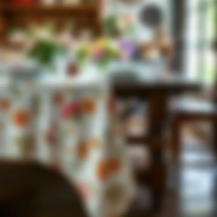 Elegant Floral Tablecloth on Farmhouse Table An elegant floral tablecloth spread across a farmhouse table, complemented by vintage dishware and fresh flowers.