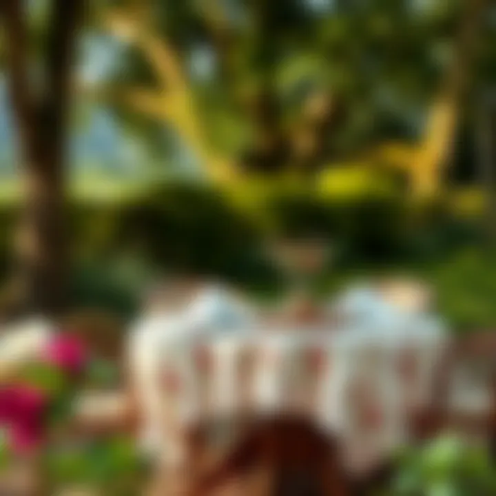 Charming Outdoor Dining Setup with Tablecloth A serene outdoor dining setup featuring a charming tablecloth, surrounded by nature, illustrating the harmony of design and environment.