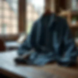 Classic lined denim shirt displayed on a rustic wooden table