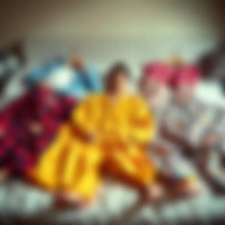 A Collection of Style Choices in Pajamas A vibrant collection of cartoon pajamas laid out on a bed, illustrating various style choices.