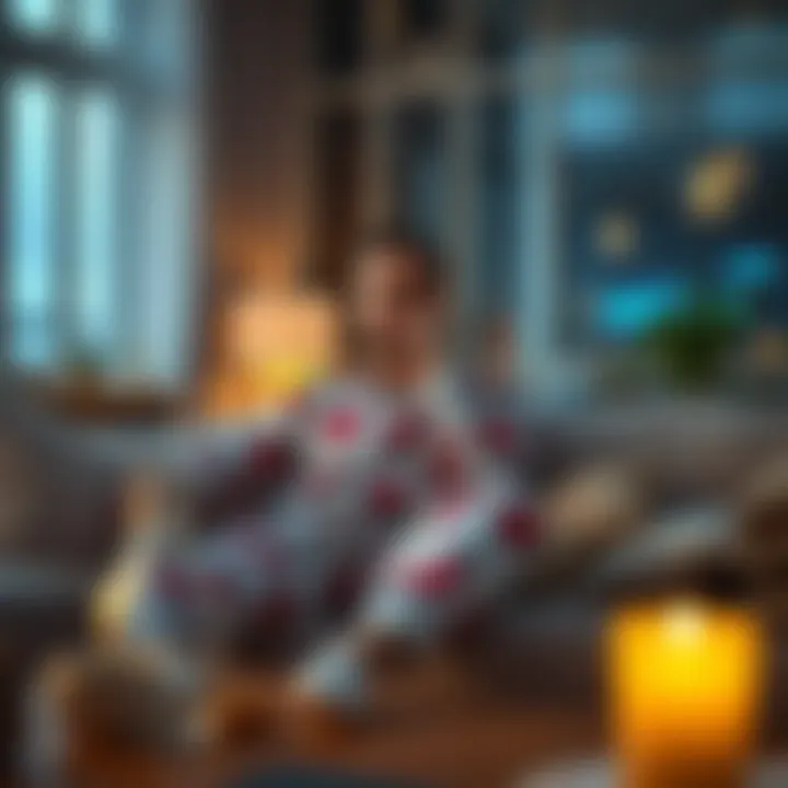Casual Comfort in Cartoon Pajamas A modern living space featuring a man relaxing in cartoon pajamas, reflecting casual style.