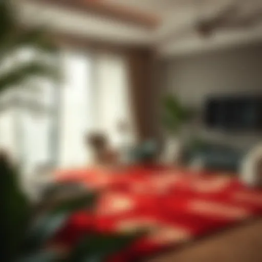 An elegant living room adorned with a vibrant crawling rug