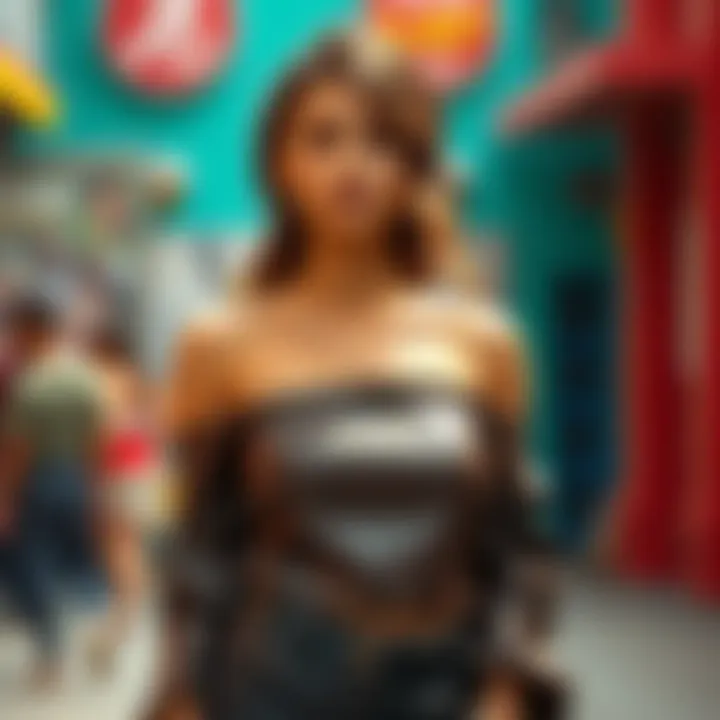 Confident Fashion Statement in Leather Strapless Top A fashion-forward individual confidently wearing a leather strapless top in a vibrant setting