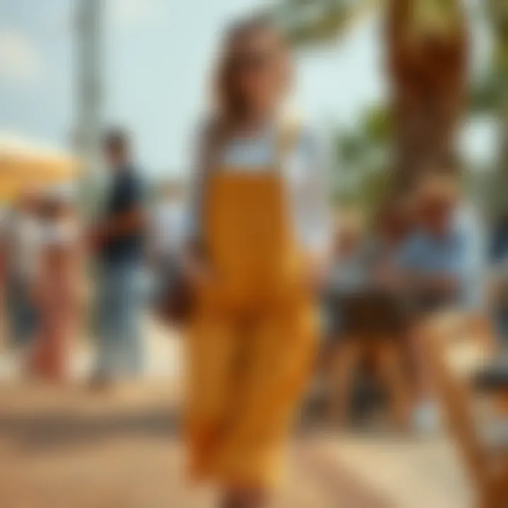 Stylish long overall dress styled for a casual outdoor gathering