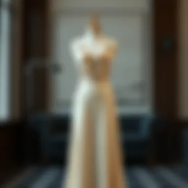 Elegant long overall dress on a mannequin showcasing intricate design details