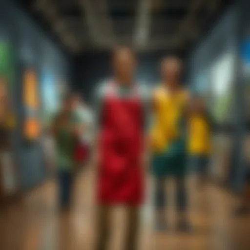 Artistic individuals showcasing vibrant painting aprons in a gallery