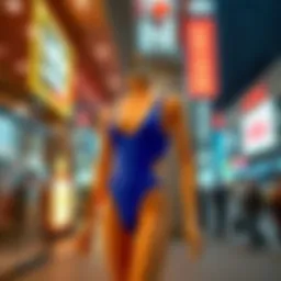 A vibrant neon blue bodysuit showcased on a mannequin in an urban setting, highlighting contemporary fashion.