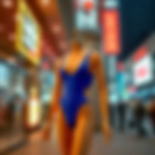 Urban Chic: Neon Blue Bodysuit Display A vibrant neon blue bodysuit showcased on a mannequin in an urban setting, highlighting contemporary fashion.
