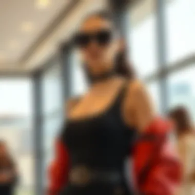 A fashionable ensemble featuring a scoop neck unitard styled with accessories