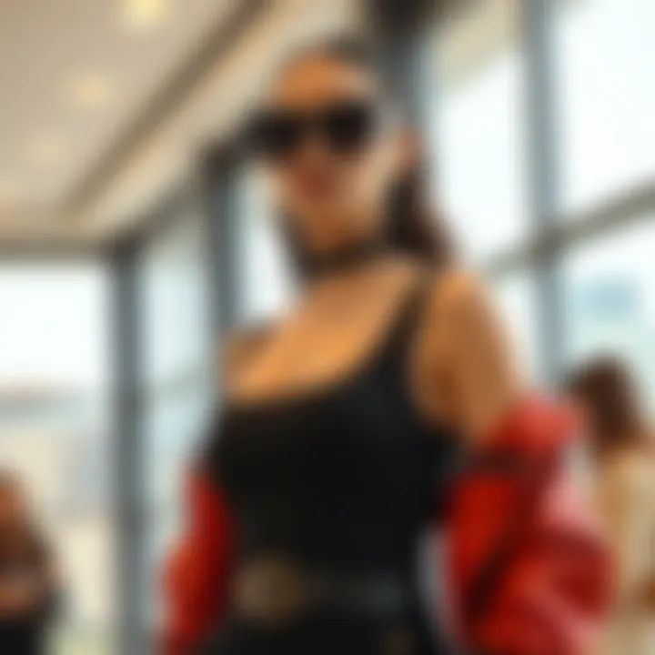 A fashionable ensemble featuring a scoop neck unitard styled with accessories