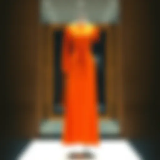 Flowy Elegance: The Orange Modest Dress Elegant orange modest dress on a mannequin showcasing its flowy silhouette.