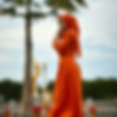 Versatile Elegance: Outdoor Styling of the Orange Dress An outdoor scene displaying a person wearing an orange modest dress, reflecting versatility in styling.