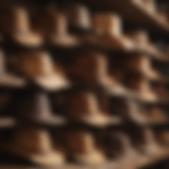 A collection of brown cowboy hats displayed on a rustic shelf