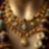 Close-up view of an intricately designed necklace and earring set showcasing detailed craftsmanship.