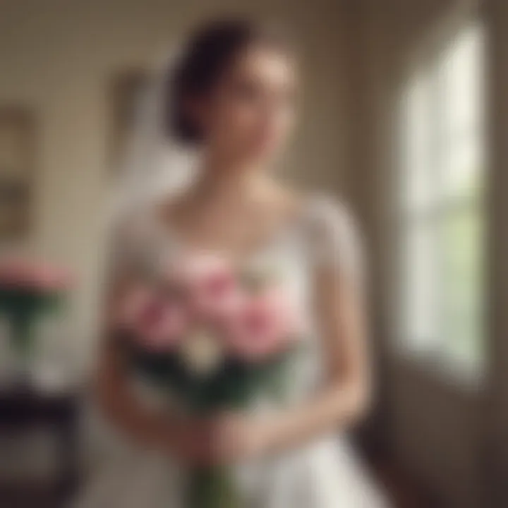 A stylish bride holding an artificial peony bouquet in a picturesque wedding setting.