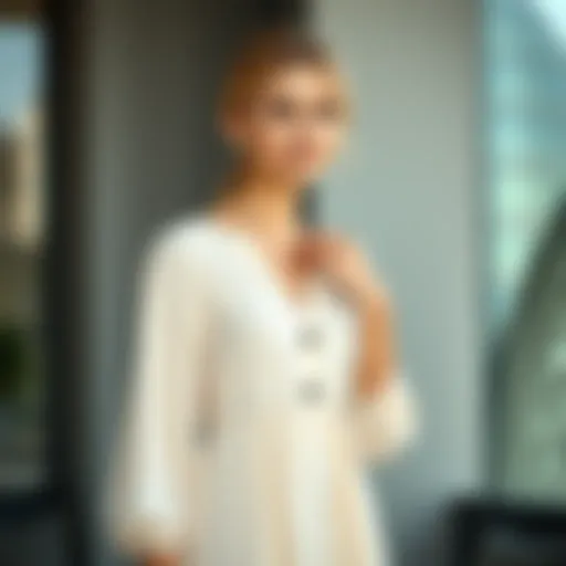 Elegant petite model showcasing a tunic dress in a modern setting