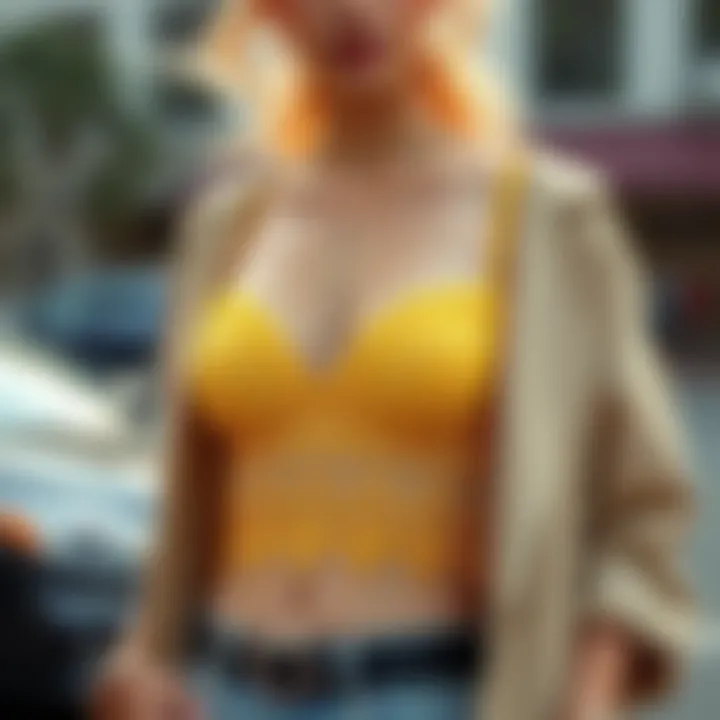 Stylish Outfit with Yellow Lace Bralette Stylish look featuring a yellow lace bralette paired with trendy outerwear