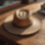 A stylish packable cowboy sun hat displayed on a rustic wooden table