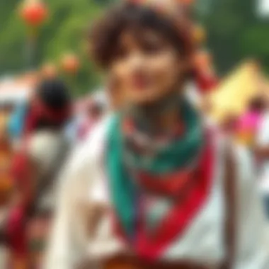 A vibrant waist scarf being worn at a cultural festival, symbolizing tradition and style