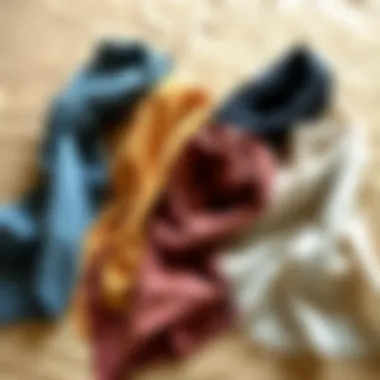 An array of natural fabrics used for waist scarves displayed on a textured background