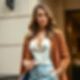 Elegant tan open front cardigan draped over a chic outfit