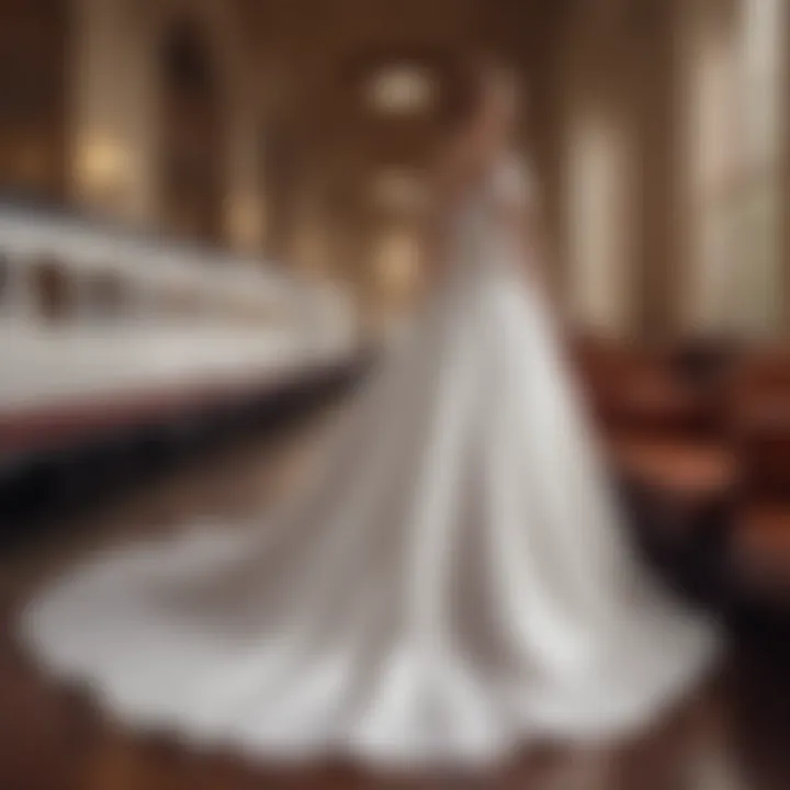 Elegant white dress with a detachable train displayed in a chic setting