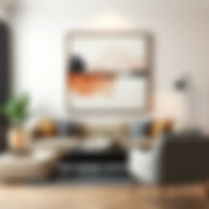 A close-up of a framed abstract painting in a modern living room