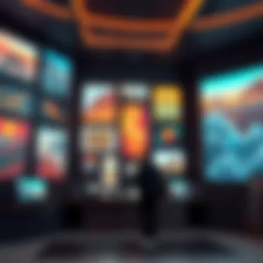 A digital display featuring changing art pieces in a vibrant environment