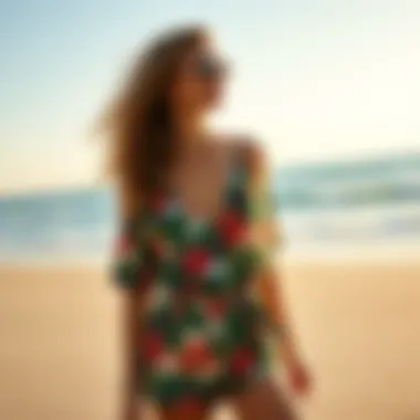 Tropical Romper Styled at the Beach Stylish individual wearing a tropical print romper at a beach