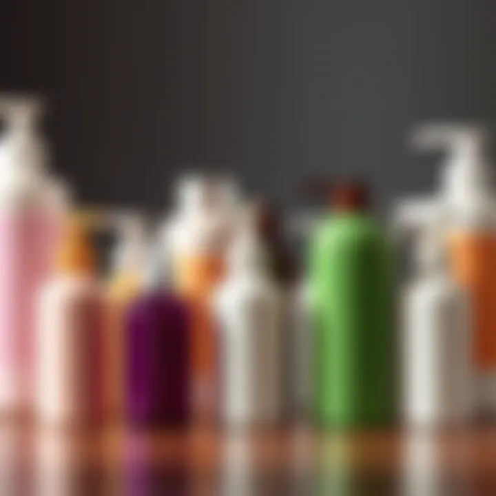 Different types of lotion squeeze bottles arranged aesthetically