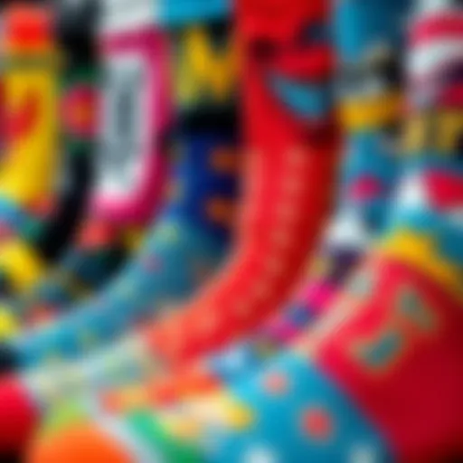 Colorful assortment of anime crew socks displayed in an artful arrangement