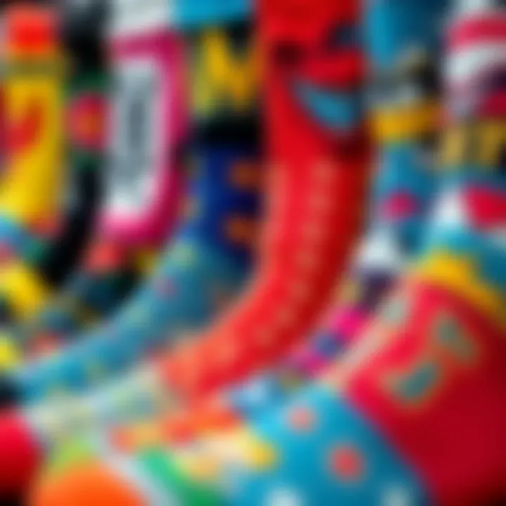 Colorful assortment of anime crew socks displayed in an artful arrangement