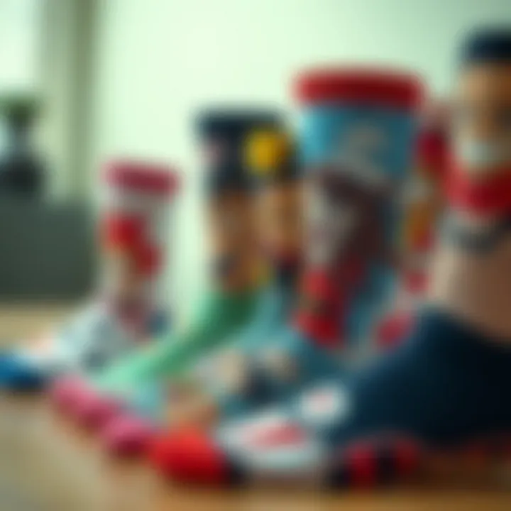 Detailed view of unique anime-themed sock designs showcasing popular characters