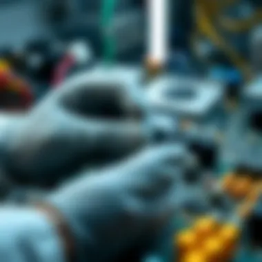 A silicone finger cot being used in an electronics assembly, demonstrating its grip enhancement