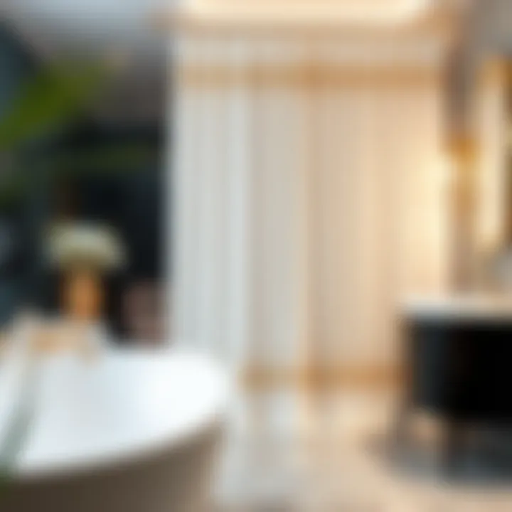 Sophisticated Design of White and Gold Shower Curtain Elegant white and gold shower curtain in a modern bathroom setting