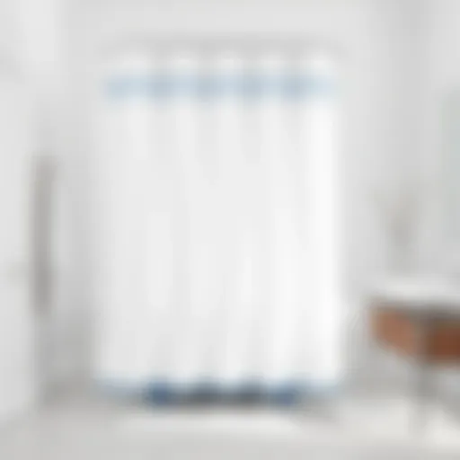 Elegant white shower curtain with blue trim in modern bathroom setting