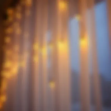 Close-up of decorative string lights draped over sheer curtains