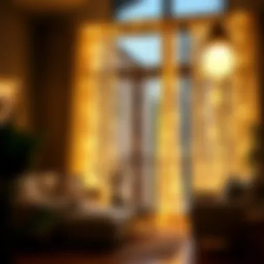 Elegant window curtain string lights illuminating a cozy living room