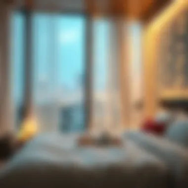 Modern bedroom with window curtain string lights creating a serene ambiance