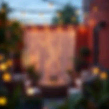 Stylish outdoor patio adorned with window curtain string lights for evening gatherings