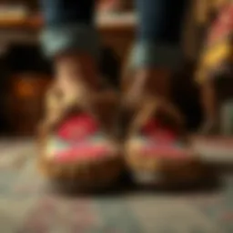 A vintage pair of canvas moccasins showcasing intricate embroidery